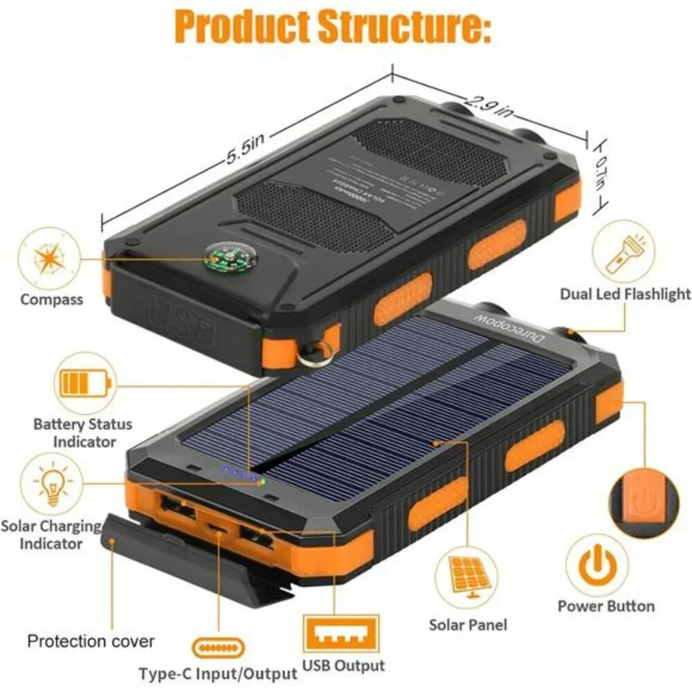 Portable Solar Charger Power Bank Waterproof Outdoor Camping USB C LED Light